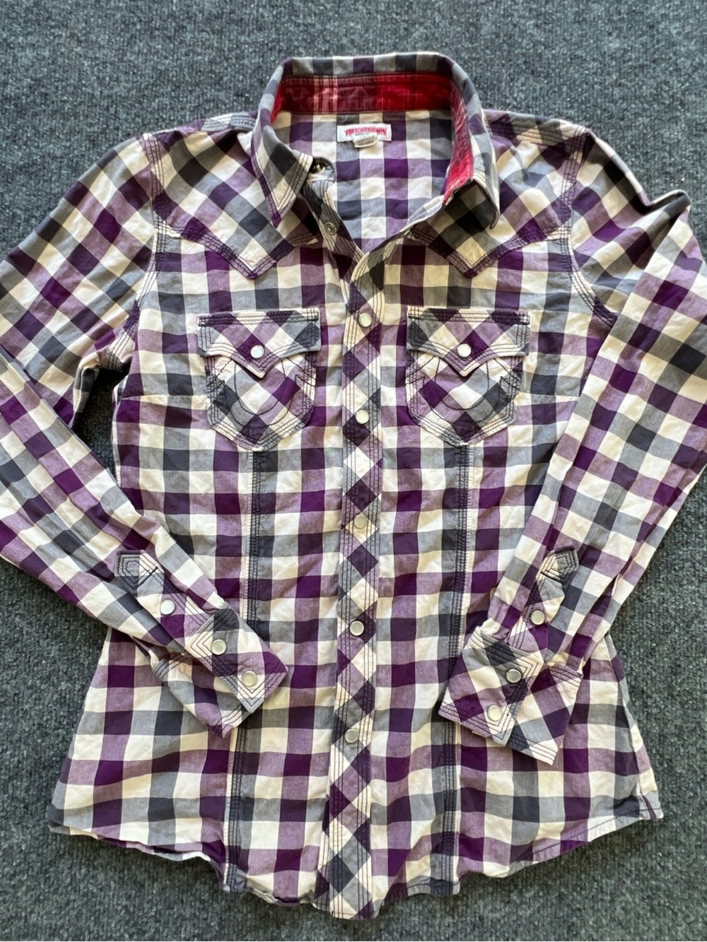 True Religion Purple, White and Gray Plaid Snap Western Blouse Horseshoe  Stitch